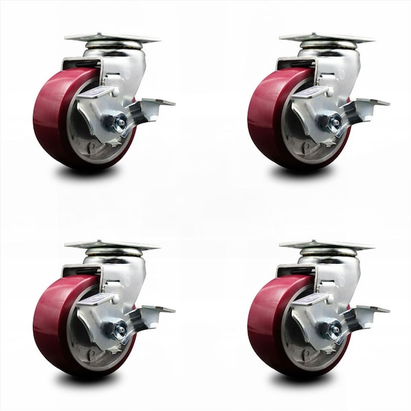 4 Inch Poly on Aluminum Swivel Caster Set with Roller Bearings and Brakes SCC